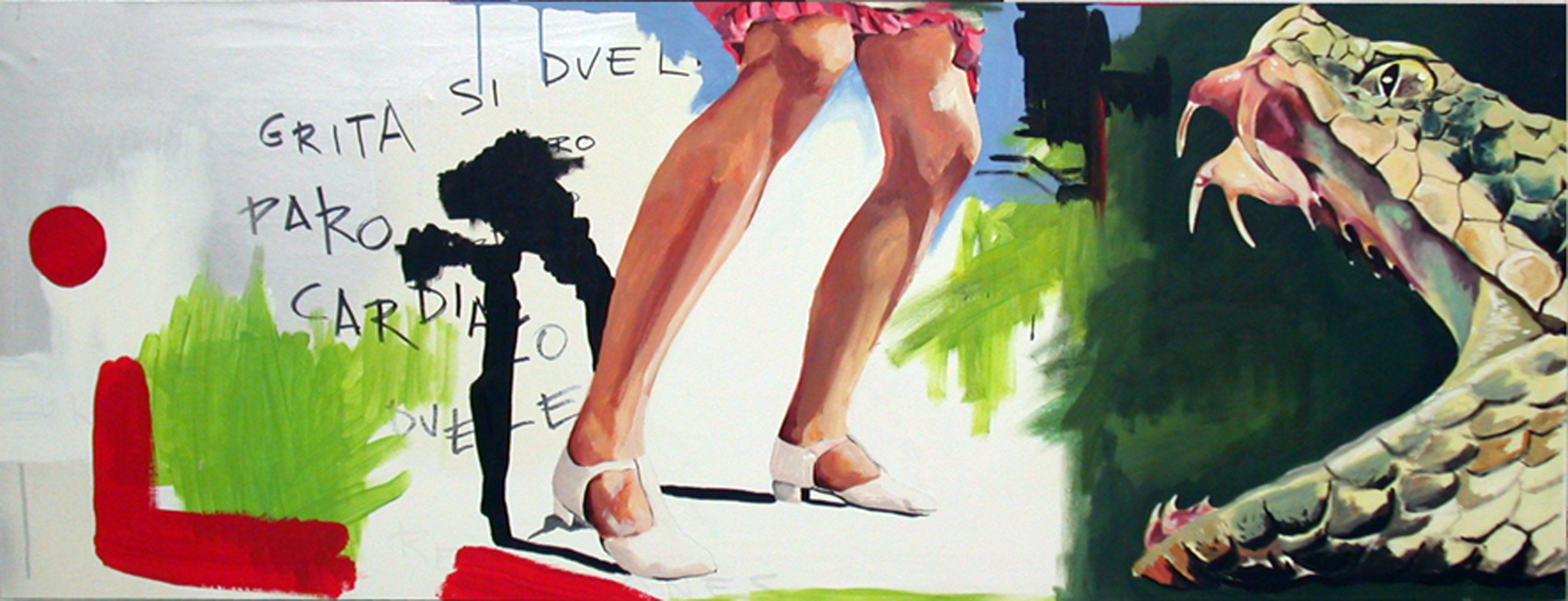 “GRITA SI DUELE, PARO CARDIACO”. 60x160 cm. Acrílico/lienzo. 2005